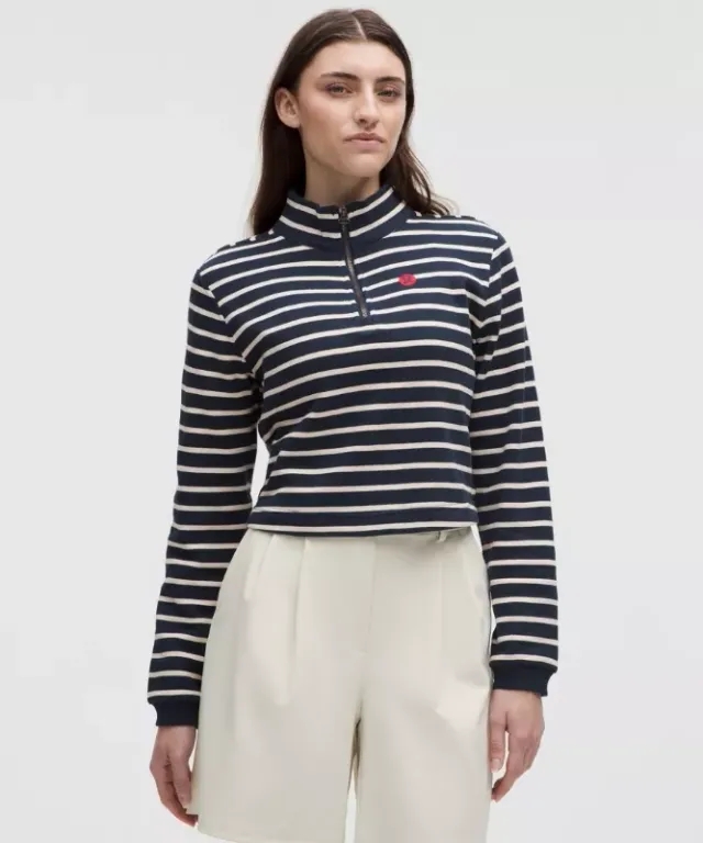 lululemon – Women's Cotton French Terry Cropped Half Zip Sweatshirt – Color Blue – Size L