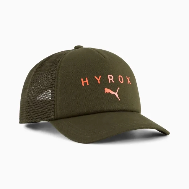 PUMA x HYROX Trucker Cap, Dark Olive/Glowing Orange