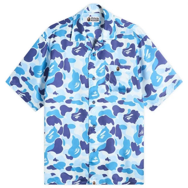 A Bathing Ape Men's Abc Camo Open Collar Ss Shirts Blue