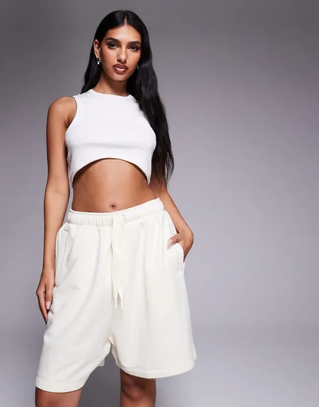 Adidas Originals Linear Logo Sweat Shorts In Cream-White