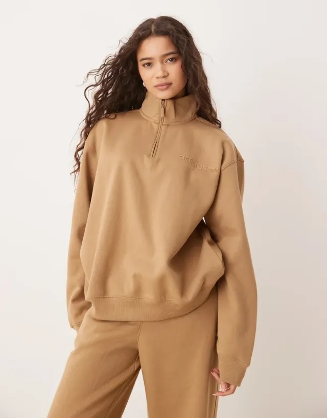 Adidas Originals Essentials Linear Quarter-Zip Sweatshirt In Brown