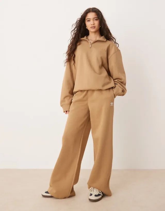 Adidas Originals Essentials Wide Leg Pant Fleece In Brown
