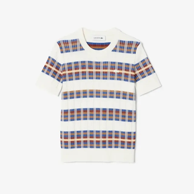 Lacoste Short Sleeved Rib Knit Sweater - White / Yellow / Orange / Brown / Blue