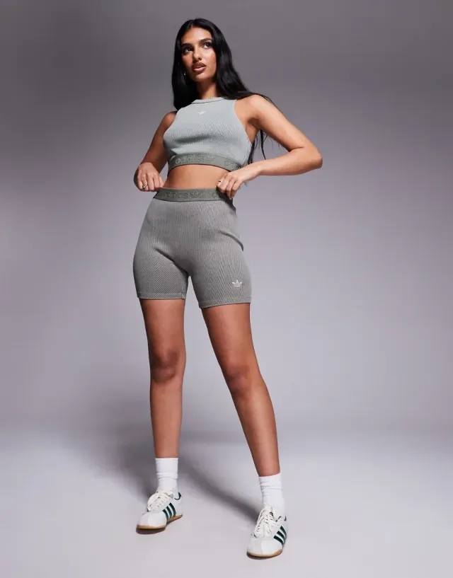Adidas Originals Ribbed Booty Shorts In Washed Khaki-Green