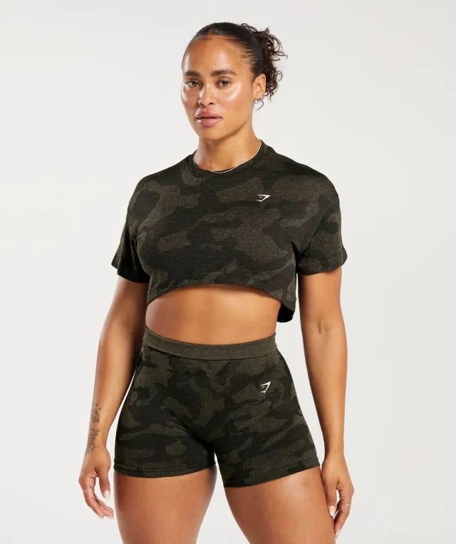  Adapt Camo Seamless Ribbed Crop Top - Black/Camo Brown