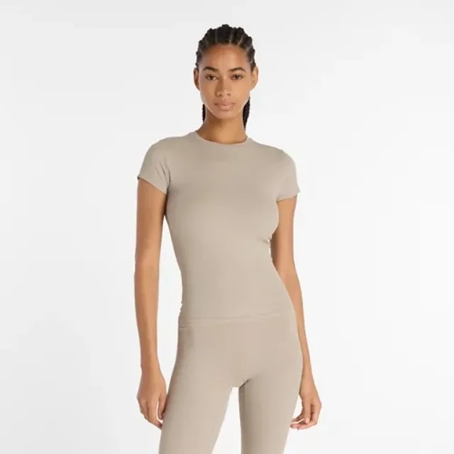 New Balance Women's Ribbed Fitted T-Shirt in Beige Poly Knit