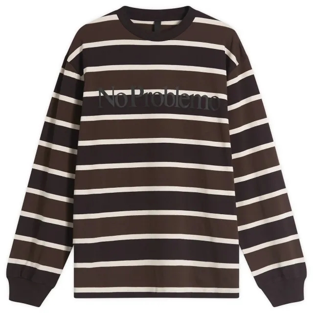 No Problemo Men's Logo Striped Long Sleeve T-Shirt Brown