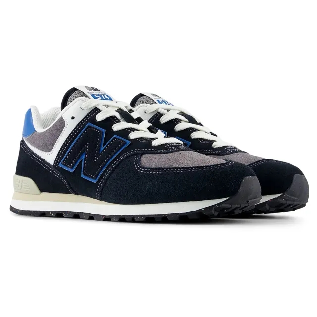 New Balance Kids' 574 LACE in Black/Blue Leather