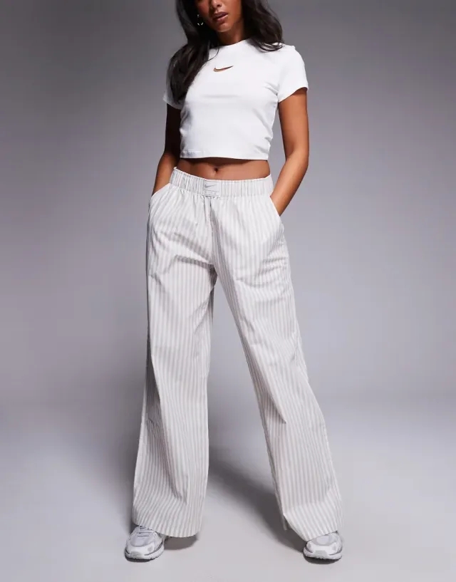 Nike Stripe Poplin Wide Leg Trousers In Grey And White