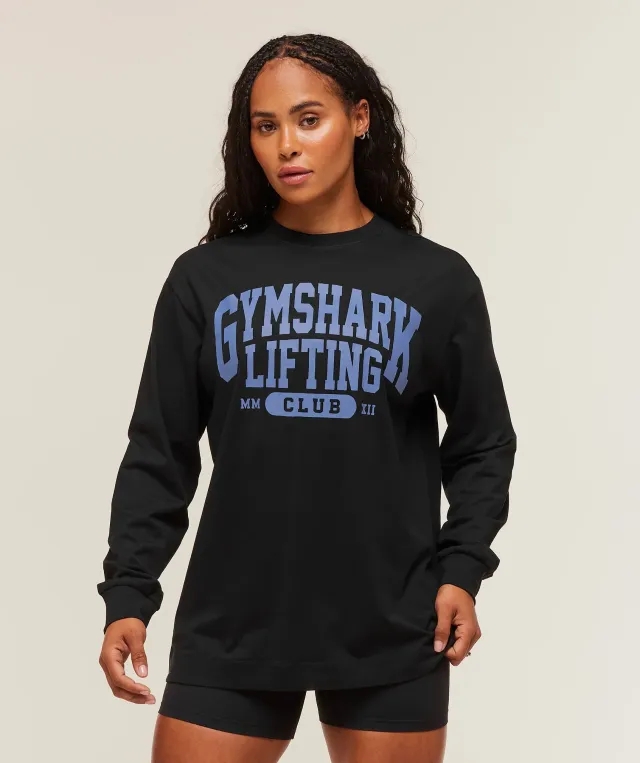  Lifting Club Graphic Oversized Long Sleeve T-Shirt - Black