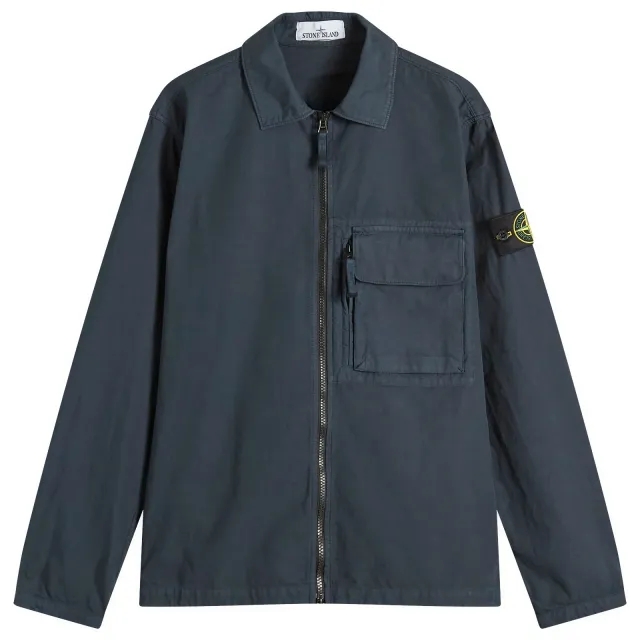 Stone Island Men's Canvas Weave Cotton Zip Shirt Jacket Navy Blue