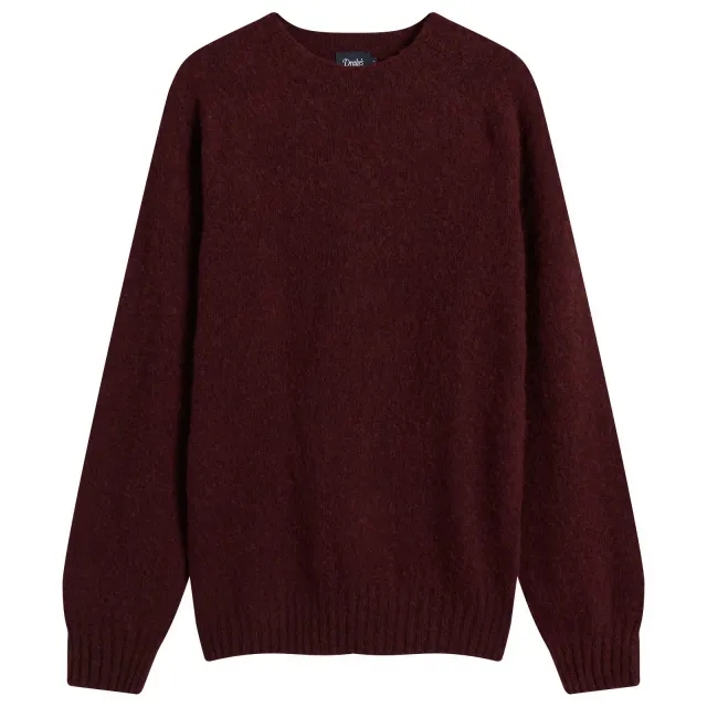 Drake's Men's Brushed Shetland Crew Neck Jumper Burgundy
