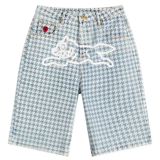 ICECREAM Women's Houndstooth Running Dog Denim Shorts Light Wash Blue
