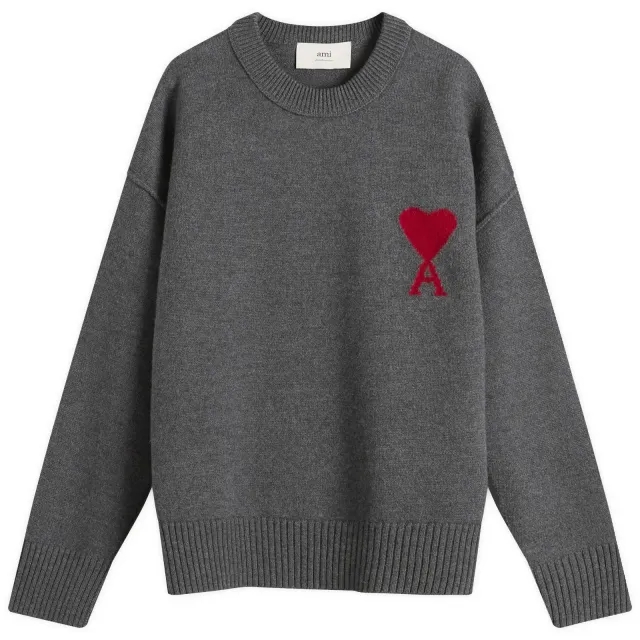 AMI Paris Men's Felted Merino Wool Knit ADC Crew Neck Jumper Gris Chine / Rouge