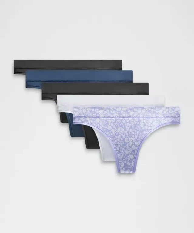 lululemon – Women's UnderEase Mid-Rise Thong Underwear 5 Pack – Color Black/Blue/Purple – Size L
